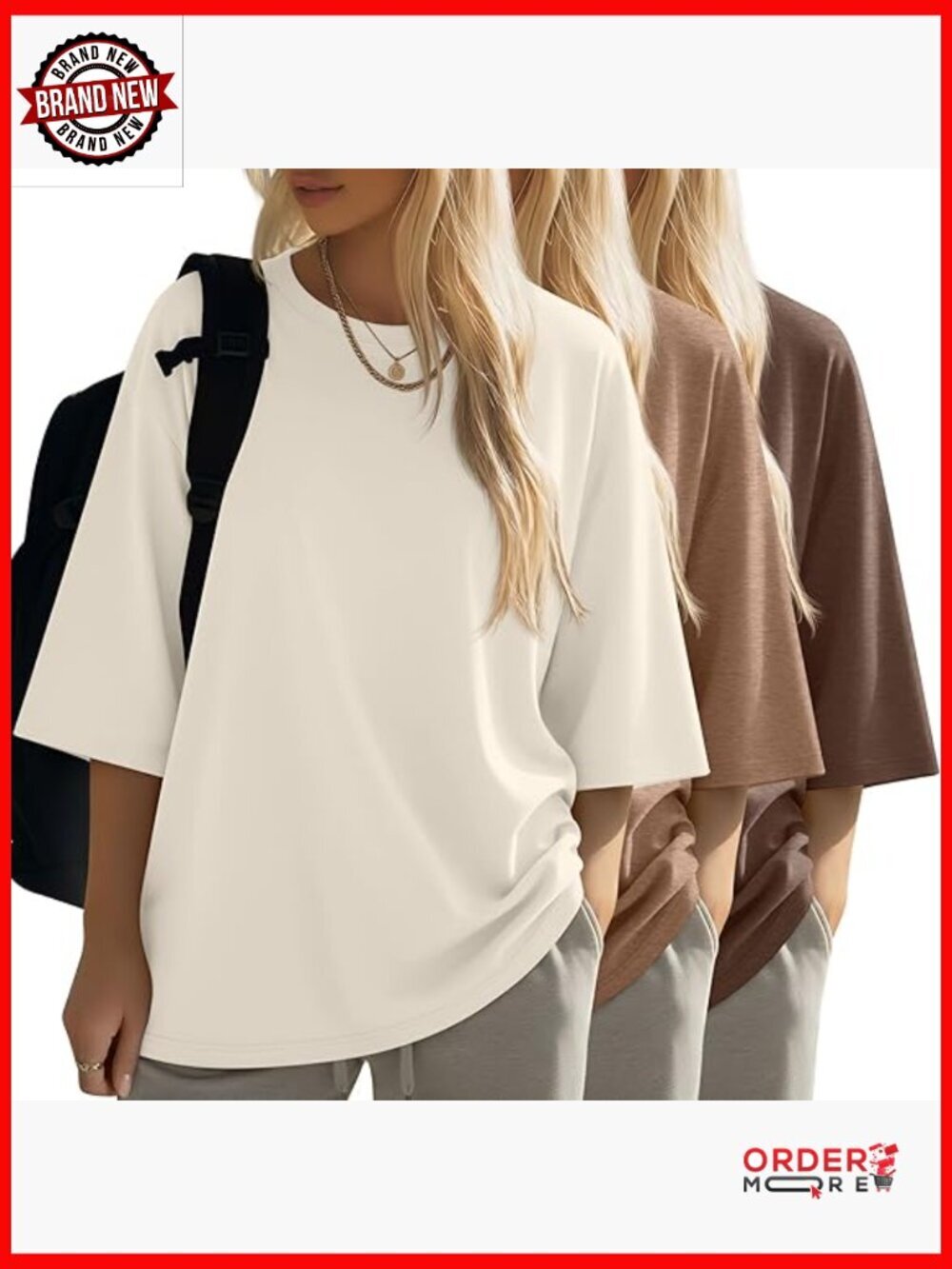 3 Pack Oversized Cotton T Shirts 3/4 Sleeve Crewneck Baggy Tops